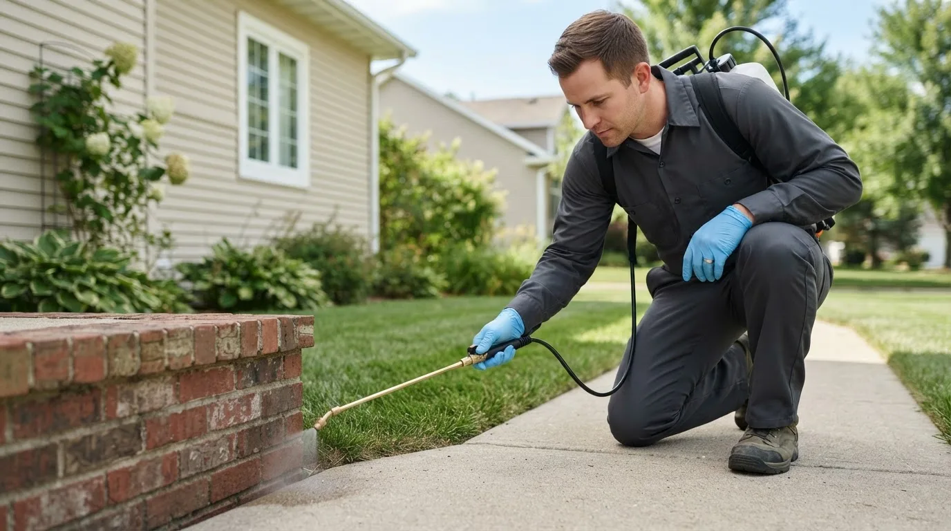Pest control technician treating a home near Brownell, KS