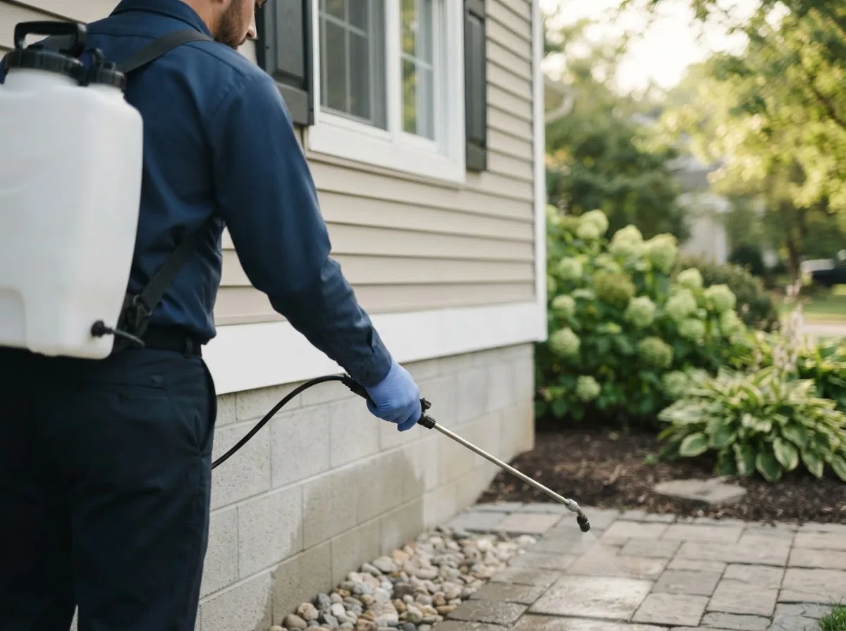 Pest control technician inspecting a home in Brownell, KS